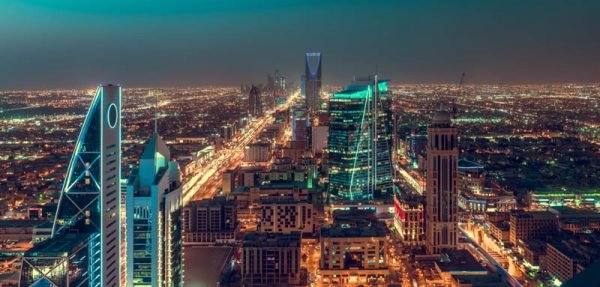 Saudi Arabia Riyadh landscape at night - Riyadh Centrer Kingdom Tower ...