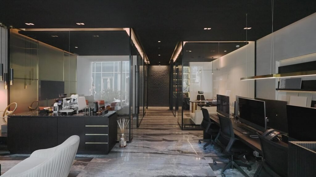 Modern architectural interior with warm lighting. Architectural Videography by Wajd Ramadan for Dimensions – Alkhuyala, Riyadh, Saudi Arabia.