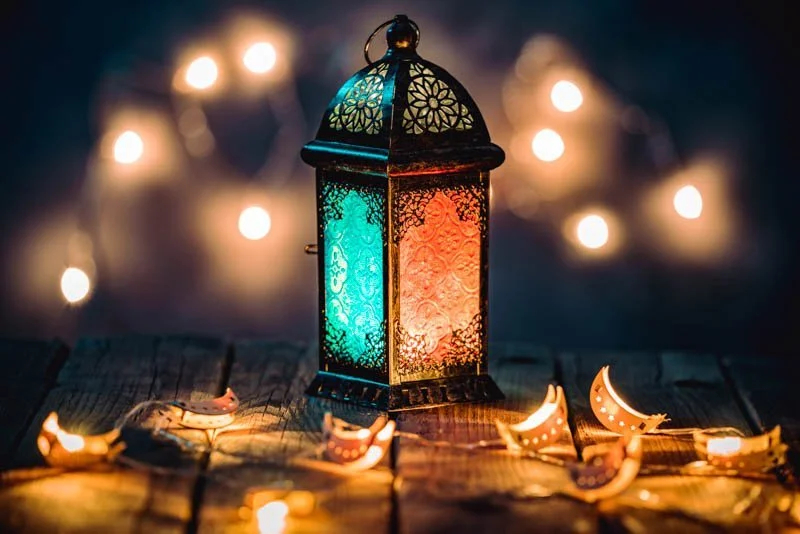 WJD1276 - Ramadan Lantern with Colorful Light Glowing at Night and Glittering and Bokeh