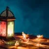 Ramadan Lantern with Colorful Light Glowing at Night and Glittering and Bokeh