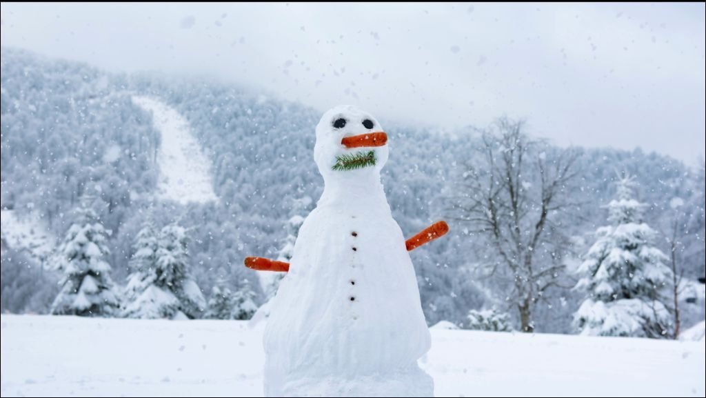 Snow fall on Snow Man in Winter, Carrot Nose Snowman with Forest & Mountains
