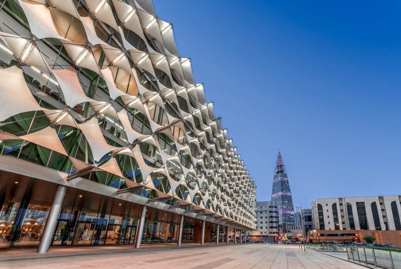Riyadh, Saudi Arabia - King Fahad National Library facade towards Al Faisaliyah