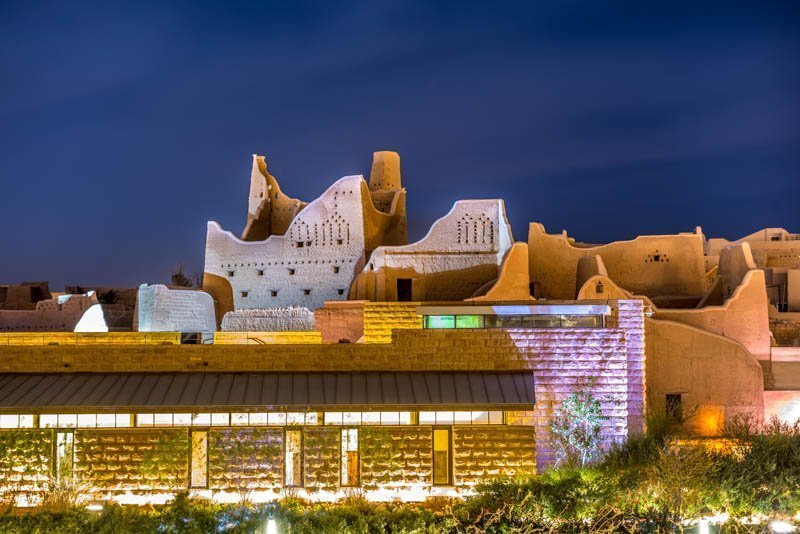 Diriyah Old city in Night in the dark , Al Bujairi , Riyadh , KSA - Saudi Arabia
