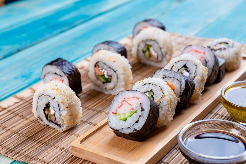 Sushi Rolls with Salmon, Rice and Cucumber – Blue Wood – Photo 2