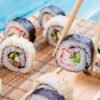 Sushi Rolls with Salmon, Rice and Cucumber – Blue Wood – Photo 1