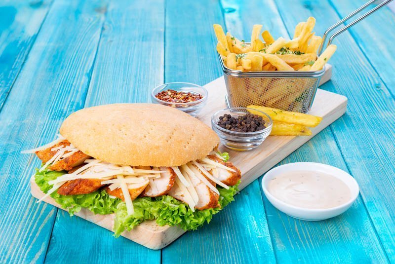 Chicken Sandwich with Fries and Cheese, Sandwich with Crispy Fried Potatos