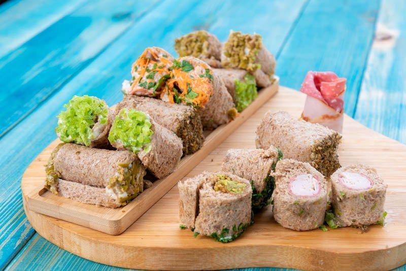 Mini Rolls Using Toast Sandwiches – Blue Wood Surface – Photo 1