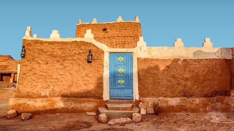 Old Arabic House with Door and Antique Lanterns - Traditional Arab Mud Archit