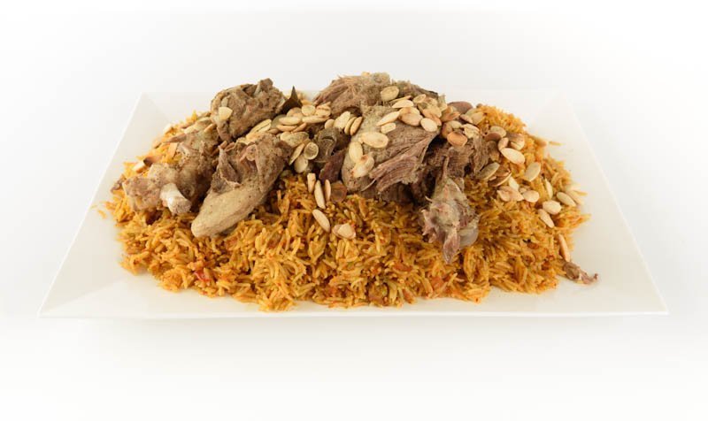 Kabsa with Cooked Meats on White Background – Mandi Rice – Photo 1