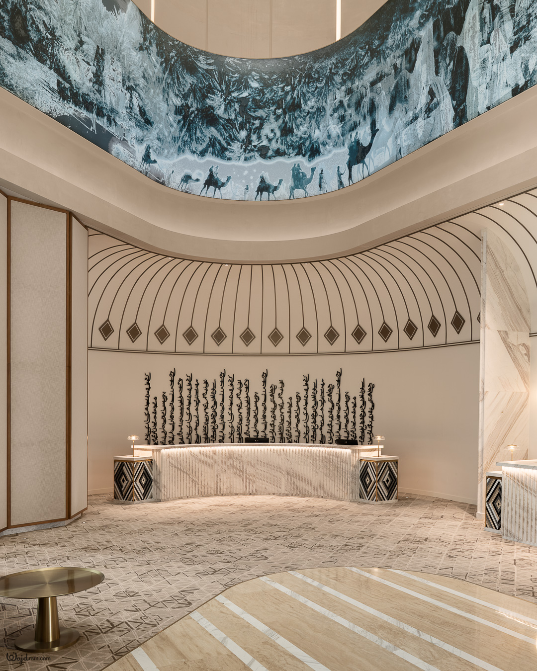 Curated art installation in hotel lobby — interior photography by Wajd Ramadan for Artychoke, KAFD, Riyadh, Saudi Arabia.