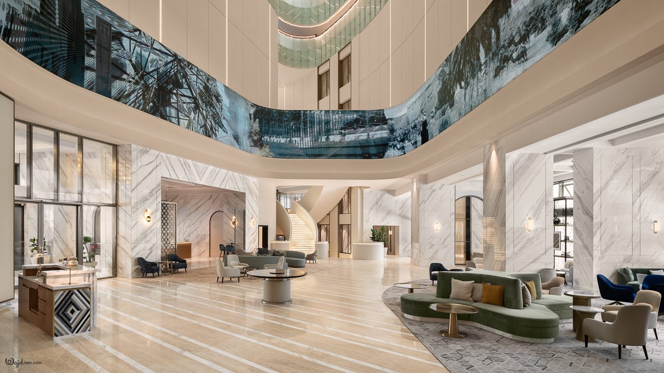 Atheel Hotel interior at KAFD — architecture photography by Wajd Ramadan for Artychoke, Riyadh, Saudi Arabia