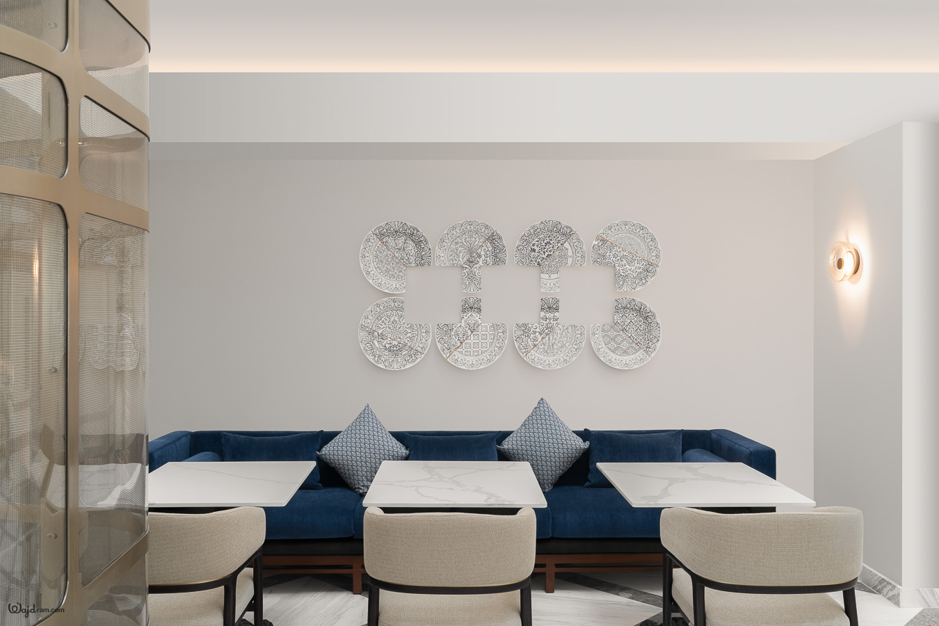 Curated art installation in hotel lobby — interior photography by Wajd Ramadan for Artychoke, KAFD, Riyadh, Saudi Arabia.