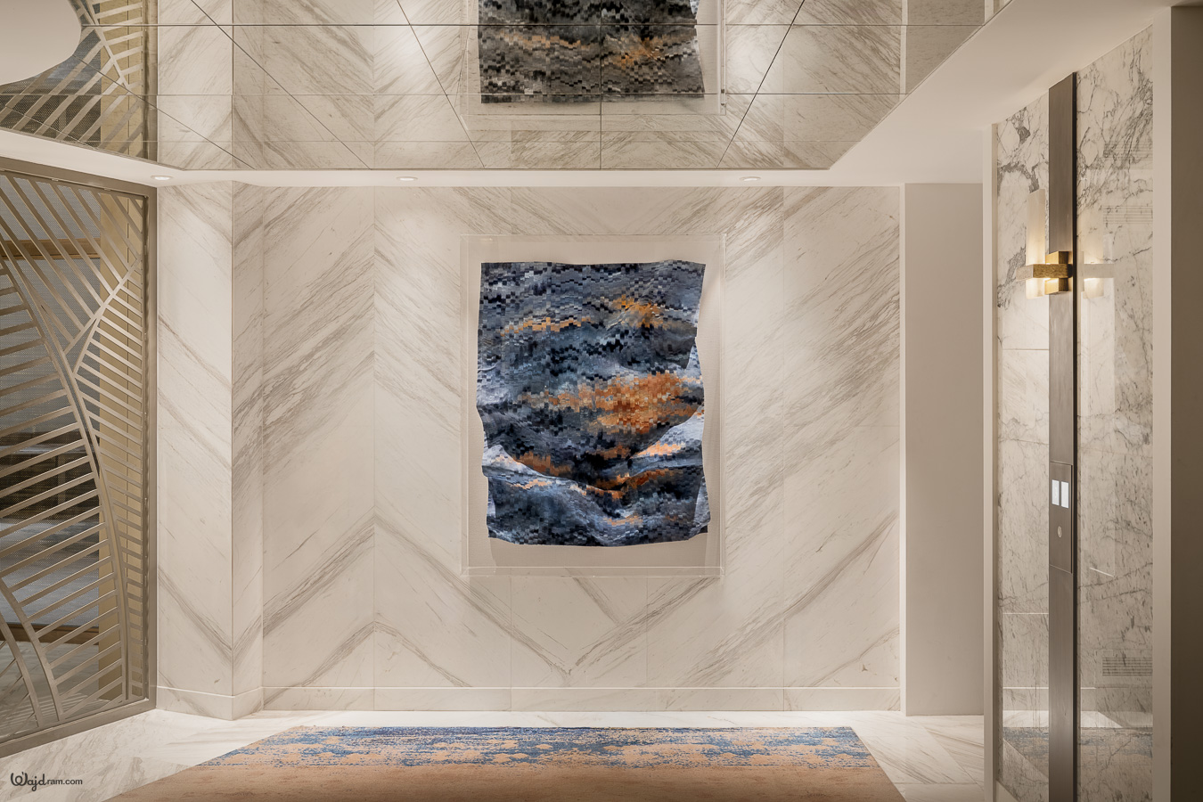 Curated art installation in hotel elevator — interior photography by Wajd Ramadan for Artychoke, KAFD, Riyadh, Saudi Arabia.