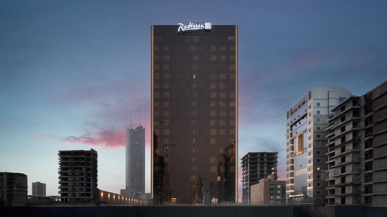 Hotel exterior facade at dusk — architecture photography by Wajd Ramadan for Radisson Blu Sahafa, Riyadh, Saudi Arabia.