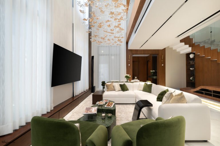 Architectural photography of a private villa in Aarid, north Riyadh, documenting its interiors, materials, natural light, and design details for Malban.