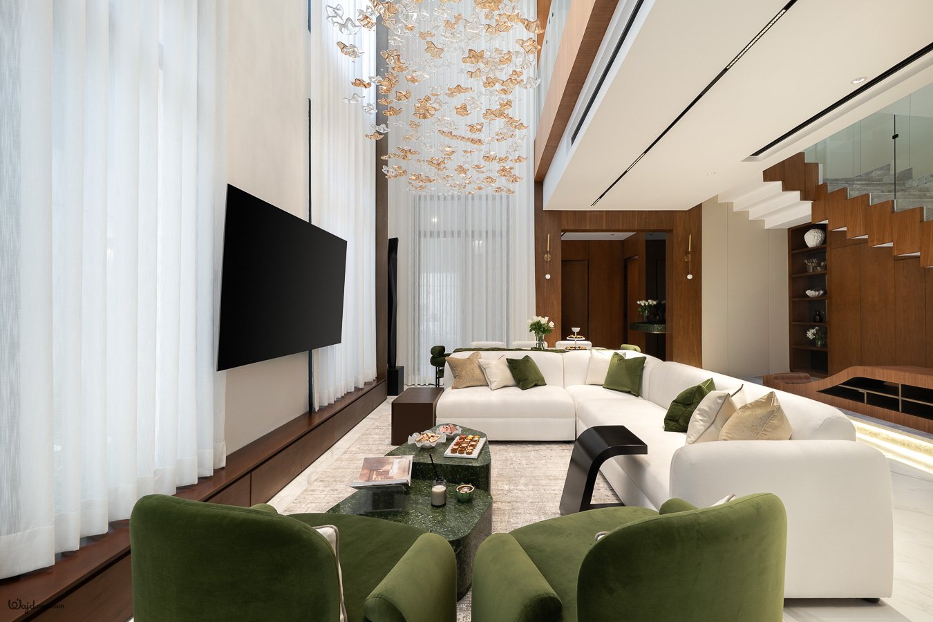 Architectural photography of a private villa in Aarid, north Riyadh, documenting its interiors, materials, natural light, and design details for Malban.