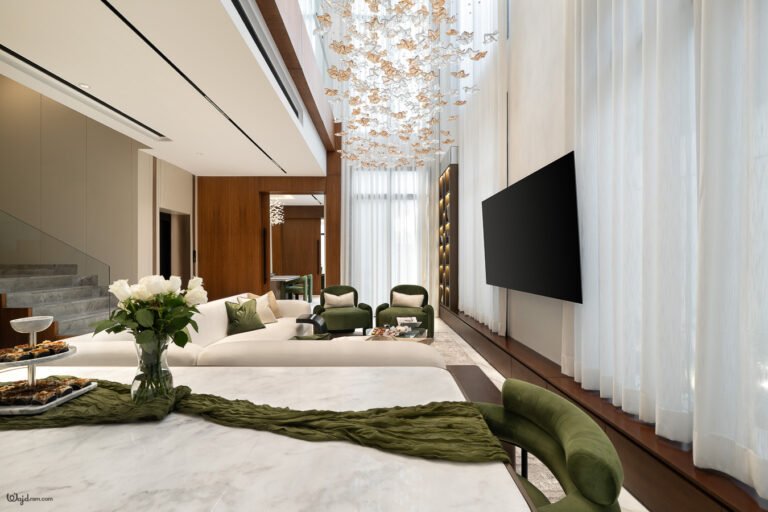 Architectural photography of a private villa in Aarid, north Riyadh, documenting its interiors, materials, natural light, and design details for Malban.